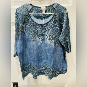 Chico's Blue and Green Leopard Print Top, Chicos size 3, Large